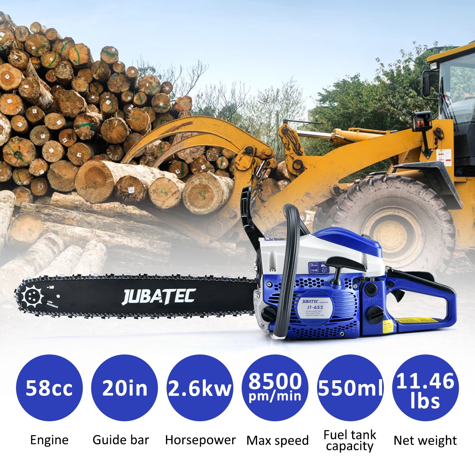 58cc Gas Chainsaw 2-Cycle Engine Gas Powered Chainsaws 20 Inch Petrol Handheld Cordless Gasoline Chain Saw for Cutting Wood Tree Trimming Farm Garden