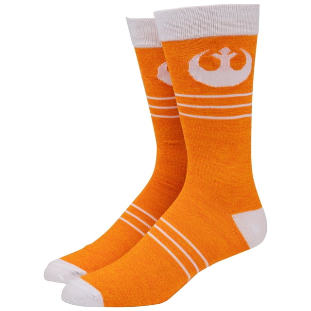 Star Wars Chaussettes Mi-Mollet avec Logo de Chasseur Rebelle, Couleur orange Vif avec accents Blancs, Mettant en Vedette le Logo de Chasseur Rebelle et des Détails de Rayures Horizontales. Ces Chaussettes Mi-Mollet en polyester Multicolores Sont sous Licence Officielle et Exclusives à SuperHeroStuff, Conçues pour un Usage Décontracté.