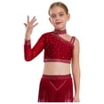 thumbnail image 2 of Manyakai Kids Girls Shiny Rhinestone Jazz Latin Modern Lyrical Dance Crop Tops Irregular Shoulder Burgundy 12, 2 of 7