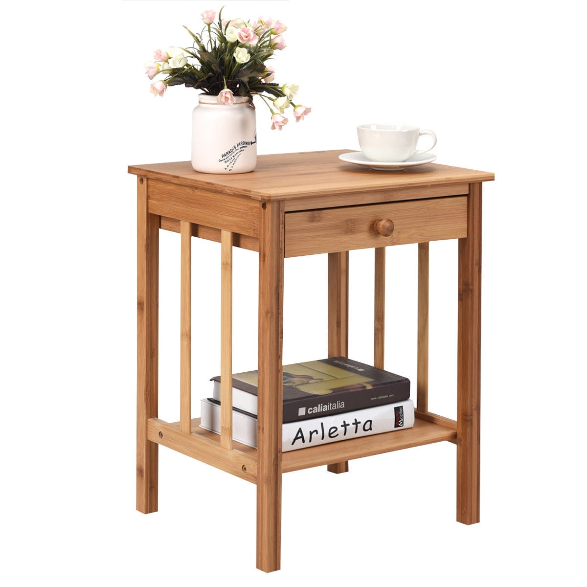 Costway Bamboo Nightstand End Table Drawer Storage Shelf Side Table
