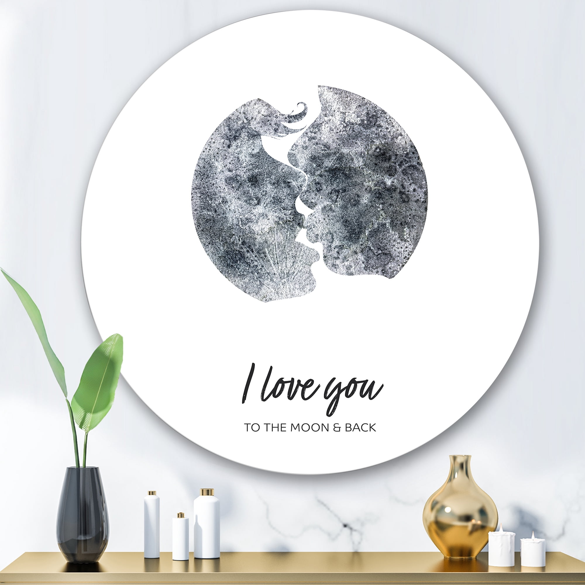 Designart 'Kiss of Two Lovers In Romantic Moon Shape' Modern Circle Metal Wall Art 29x29 - Disc of 29