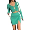 thumbnail image 3 of Coduop Women's 2-piece Crochet Skirt Suit Long Sleeve Crop Cardigan Tops and Slit Wrap Mini Skirt, 3 of 7