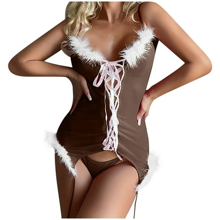 

RPVATI Women Lingerie Feather Sexy Babydoll Lingerie for Women Christmas Lace Up Teddy Coffee M