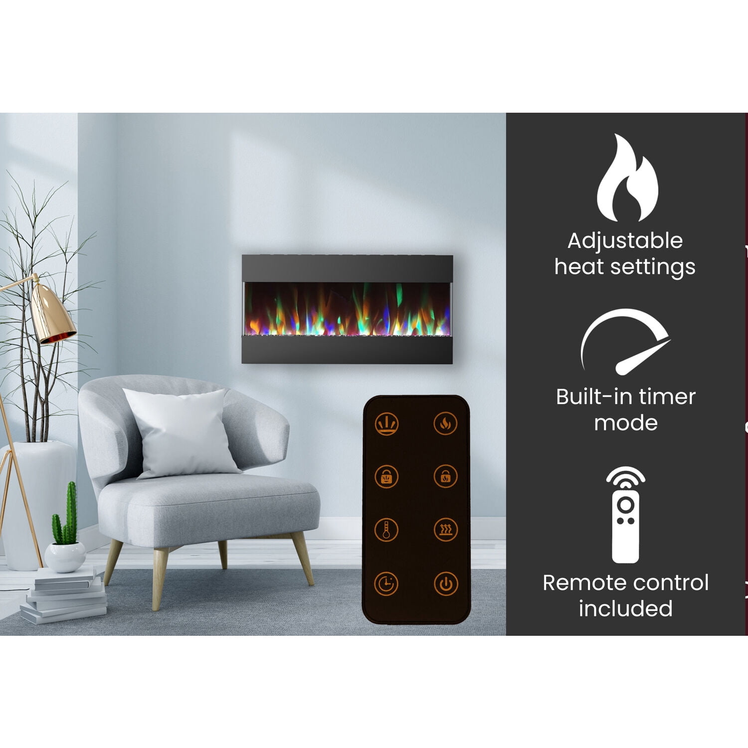 Hanover Fireside 42 In. Recessed/Wall-Mounted Electric Fireplace with Crystals and LED Color-Changing Display, Black
