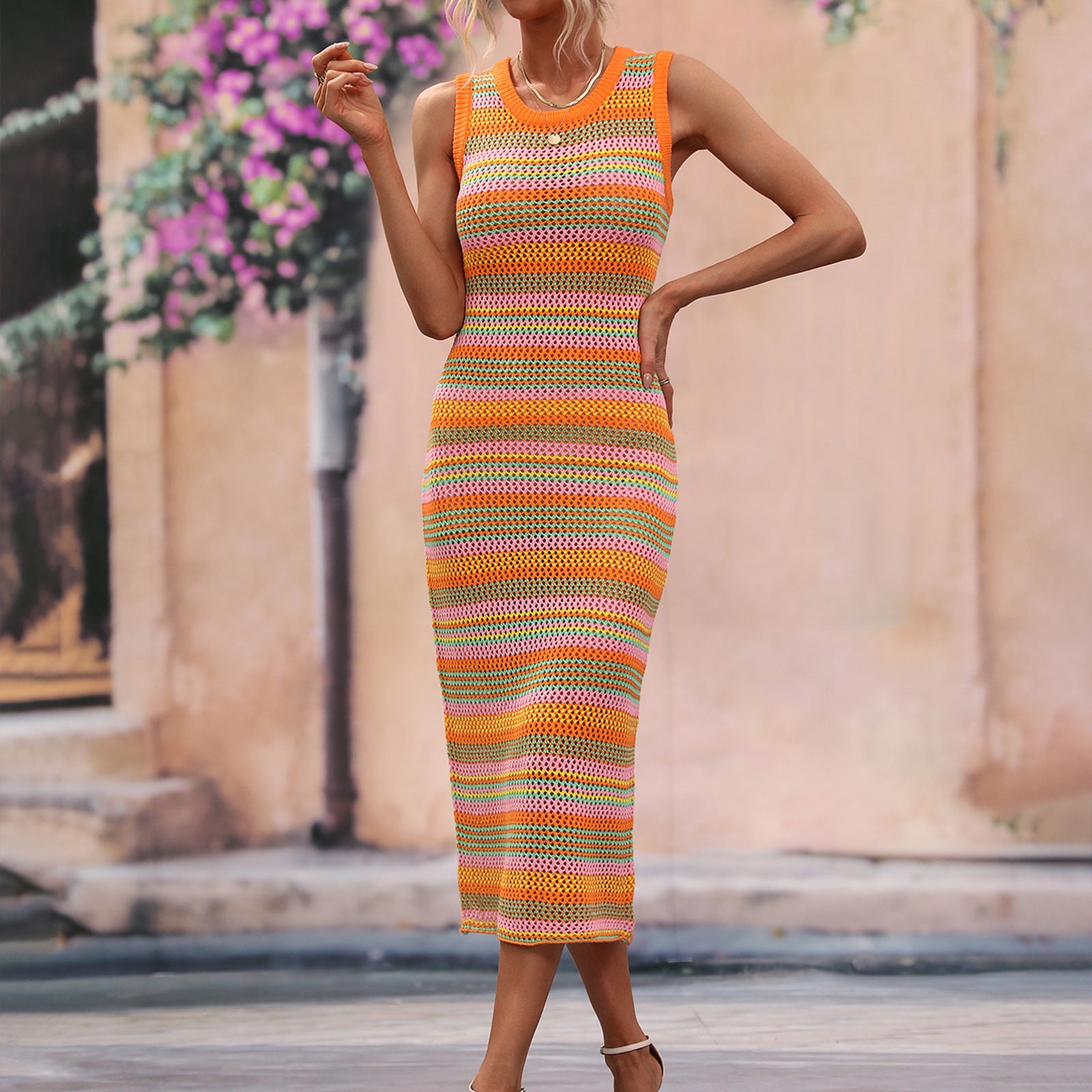 Crochet Dresses for Women Sexy Hollow Out Knitted Beach Bikini Cover Ups Sleeveless Crew Neck Trendy Stripe Printed Slim Fit Cover-Up Tank Midi Dress