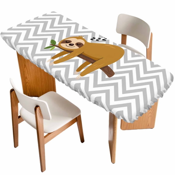 Funny Sloth Table Cloths for 8 Foot Rectangle Tables, Cute Watercolor Animals on Branch Grey Stripe Patio Waterproof Elastic Fitted Tablecloths, Washable Rectangular Table Cover for Camping