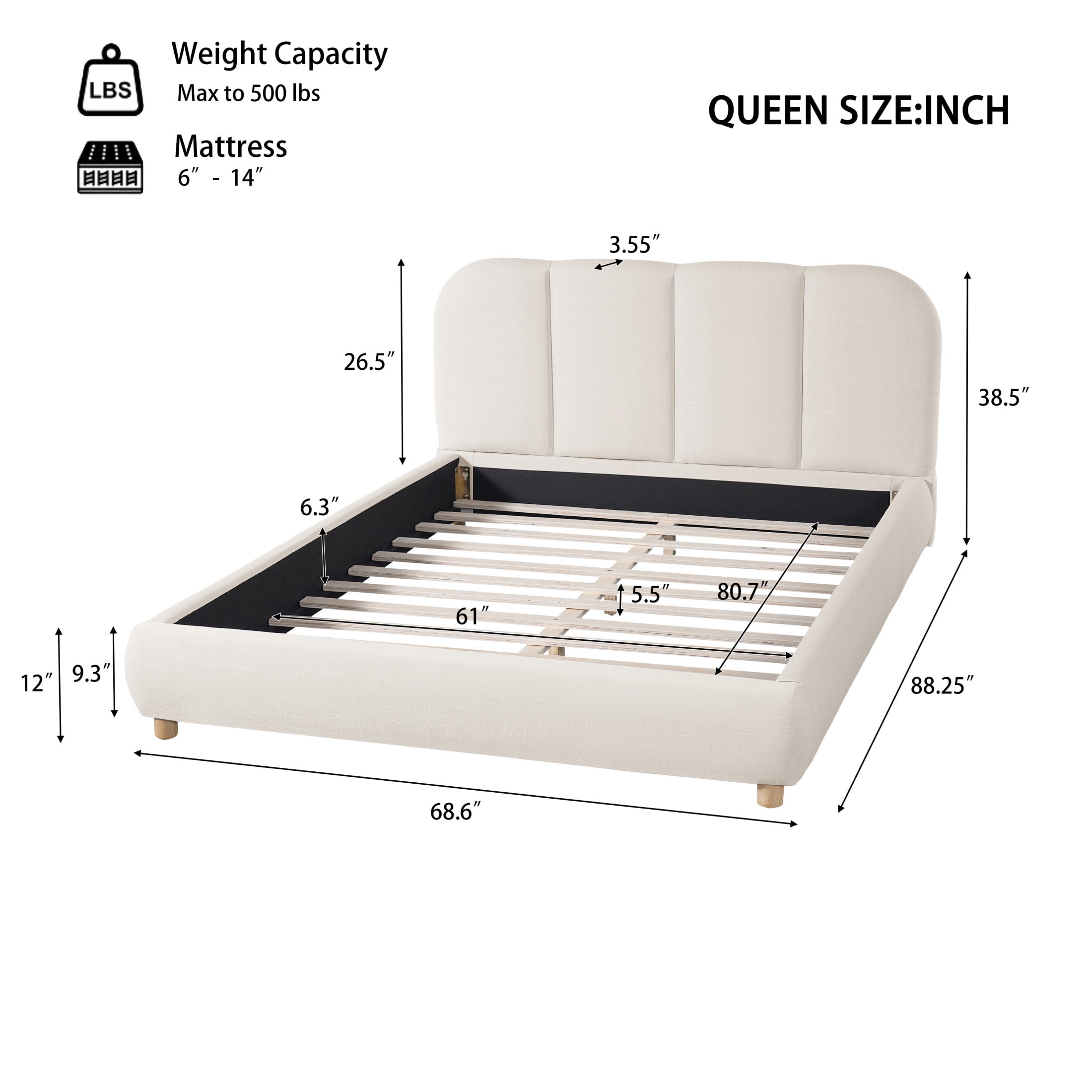 Christopher Knight Home Queen Bed Frame with Curved Headboard & Wooden Legs, Linen Fabric, Beige