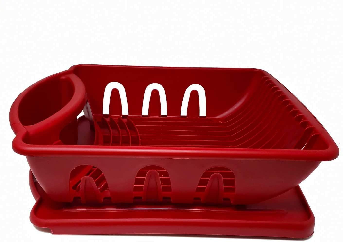 Sturdy Hard Plastic Red Sink Set Dish Rack With Drainer & Drainboard, Easy to Clean With Snap Lock Tab Cup Holders for Home Kitchen Sink Organizer Red, Medium