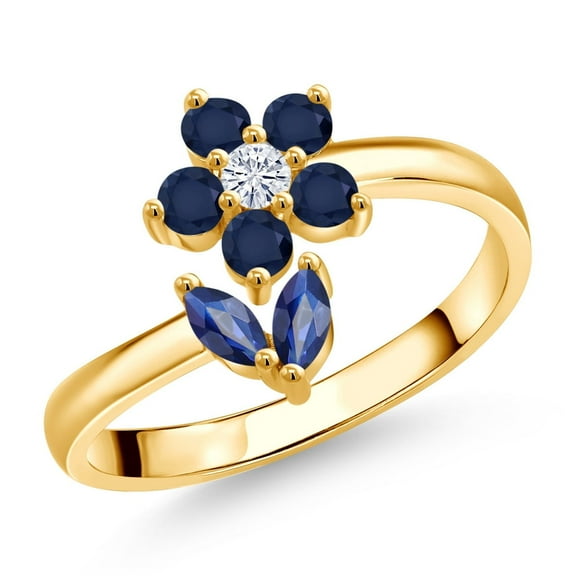 Gem Stone King 18K Yellow Gold Plated Silver Blue Sapphire and White Moissanite Flower Open Ring for Women (0.56 Cttw, Gemstone September Birthstone, Size 6)