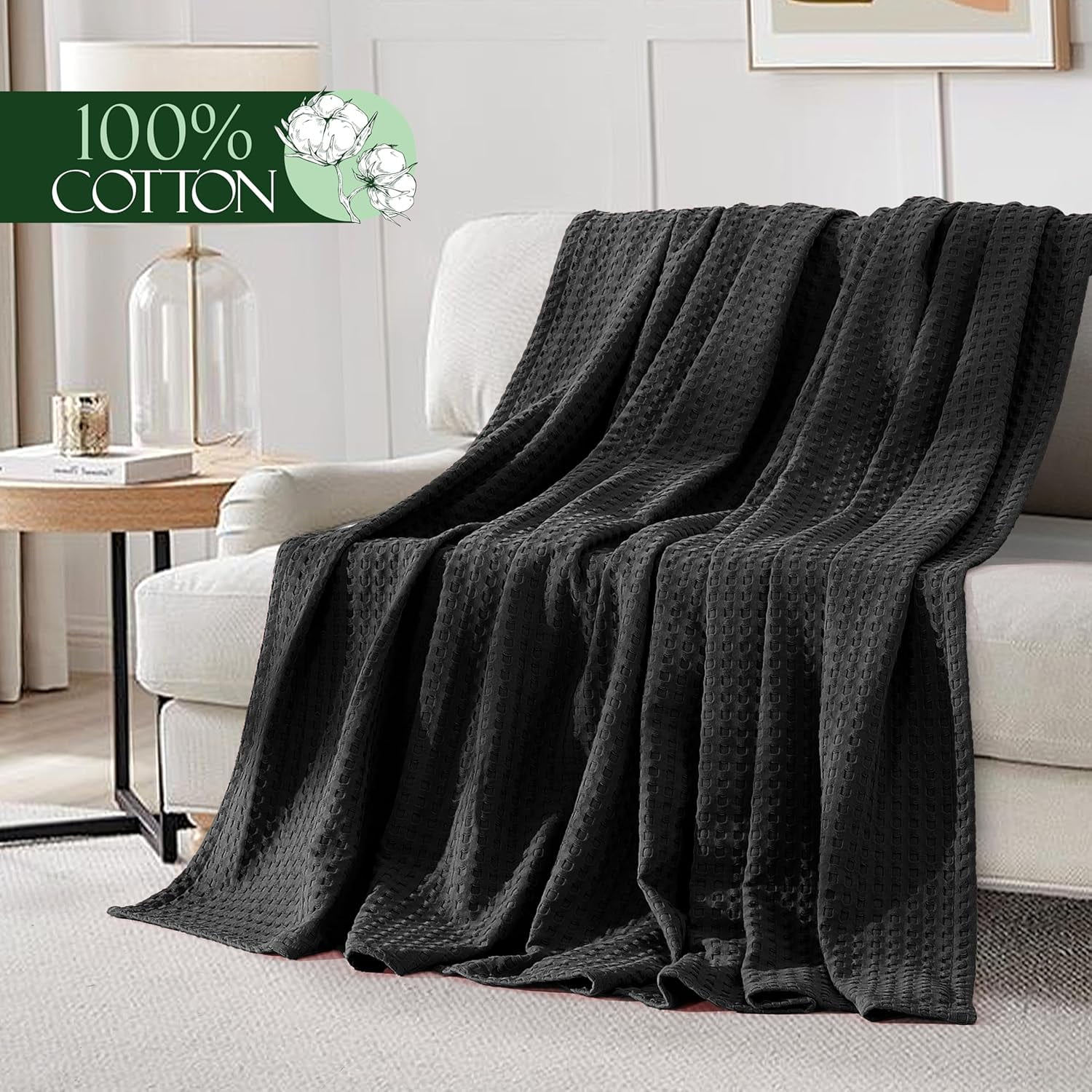 Elegant Comfort Cotton Waffle Blanket, Lightweight All-Season Bed Blanket,Twin Size 68x88 Inches, Black