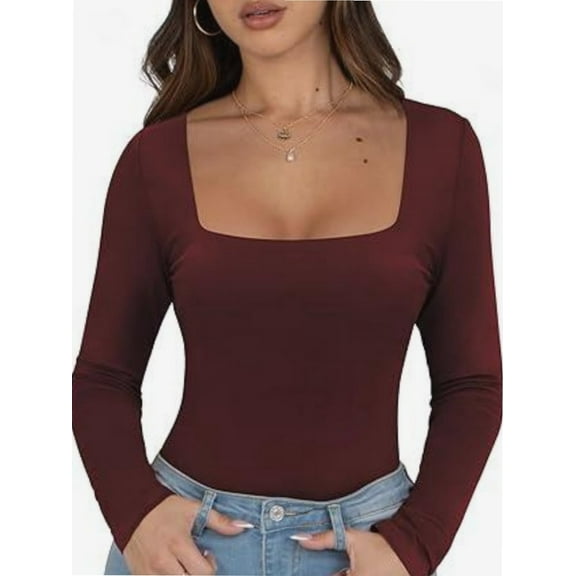 Womens Long Sleeve Square Neck Tops Fashion Slim Fit Tees Shirts