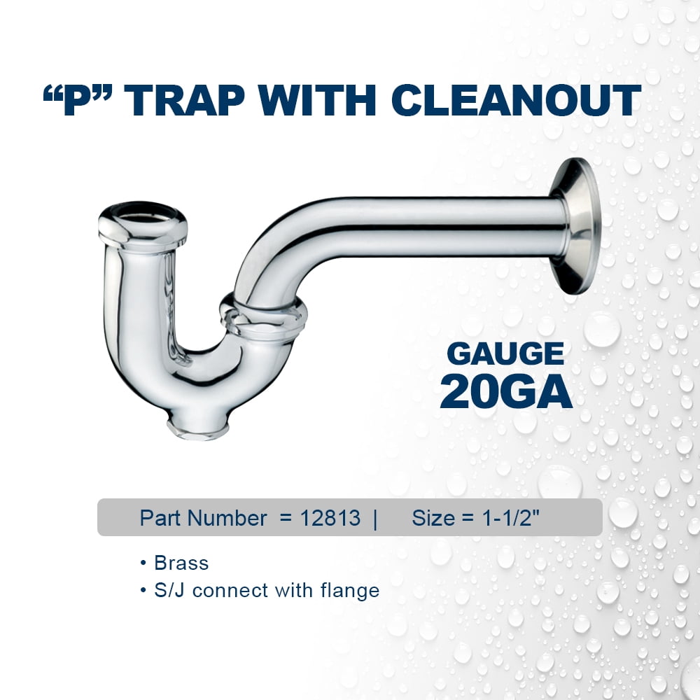 Highcraft 28131 P-Trap with Drain Plug for Tubular Drain Applications, 1-1/2 in., 20GA Brass, Chrome Plated