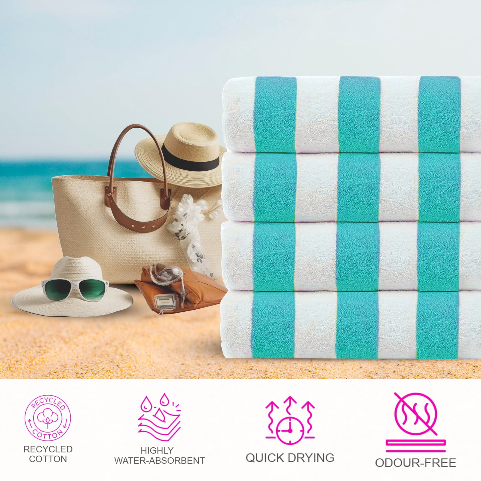 CASA COPENHAGEN Cabana Towel Designed in Denmark Rough and Tough, Quick Dry, Beach, Pool, Bath & Shower 30x60 inches 4 Pieces Cotton Beach Bath Towels Set - Turquoise