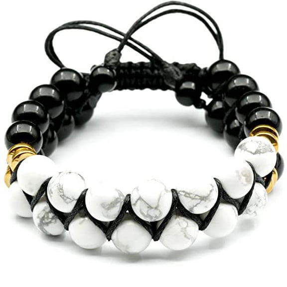 Natural Howlite & Black Spinel Threaded Double Layer Bracelet 8mm Round Smooth Beads Howlite & Black Spinel Adjustable Thread Bracelet. Unisex Macrame Yoga Bracelet