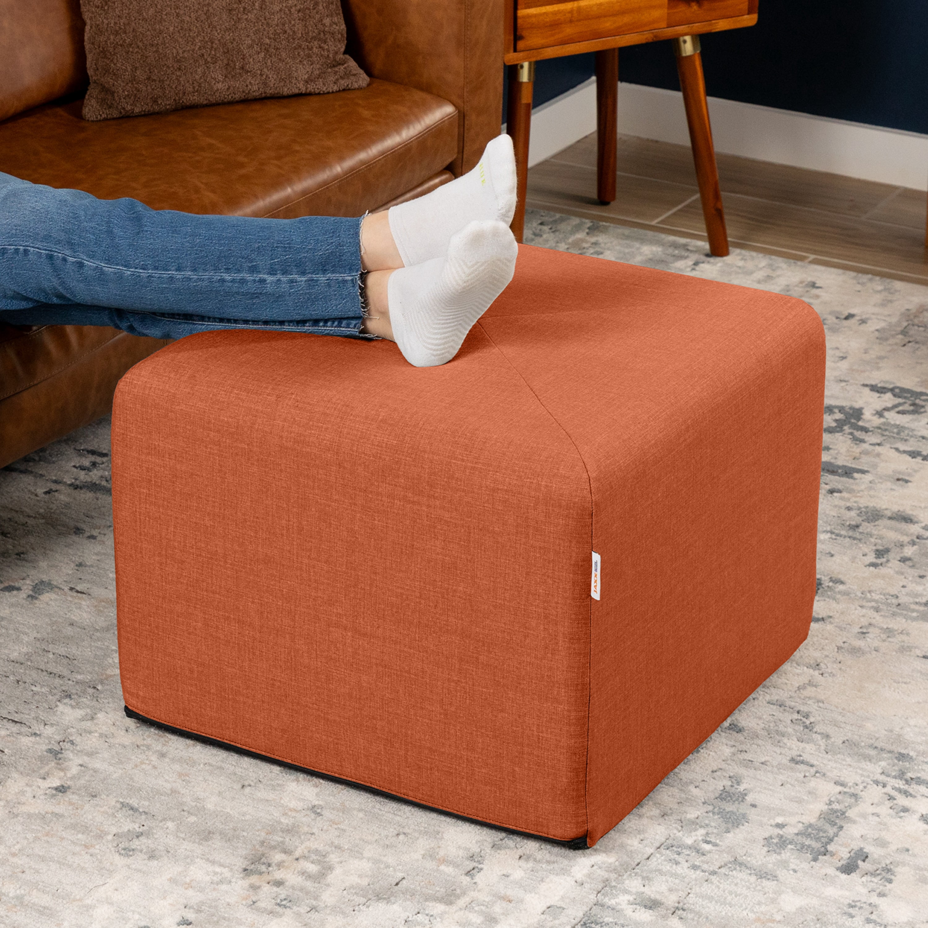 Jaxx Monroe Square Foam Ottoman with Stain Resistant Performance Fabric, Large (24 x 24 x 18), Canyon Orange