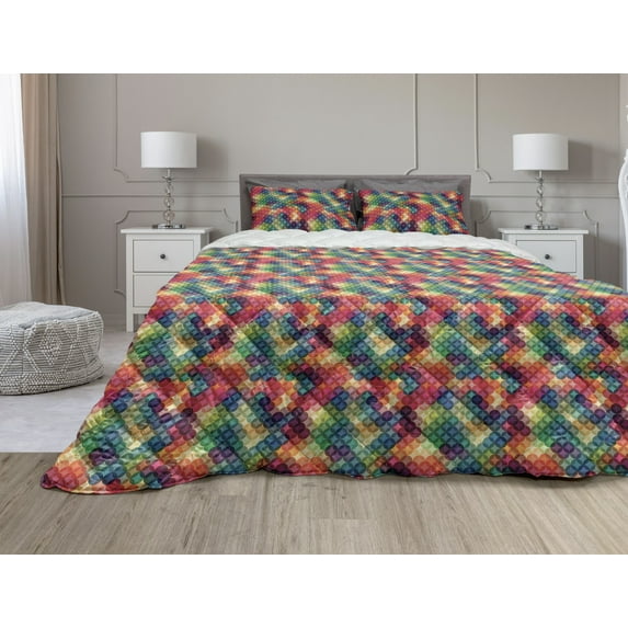 Abstract Comforter & Sham Bedding Set, Colorful Intertwined Circles Pattern Vintage Geometric Composition Mosaic Design, 3 pcs Duvet Set Microfiber Filling Quilt, 5 Sizes, Multicolor, by Ambesonne