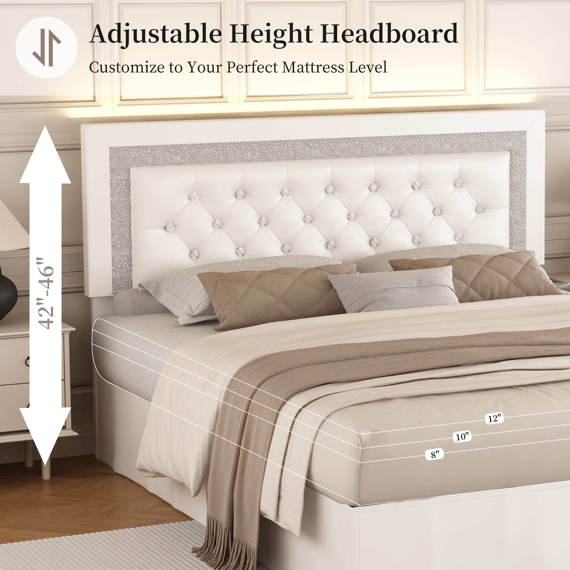 SIBEDS Full Upholstered Bed Frame with Adjustable Headboard and LED Lights, White PU Tufted Diamond Button, No Box Spring Needed, Noise Free