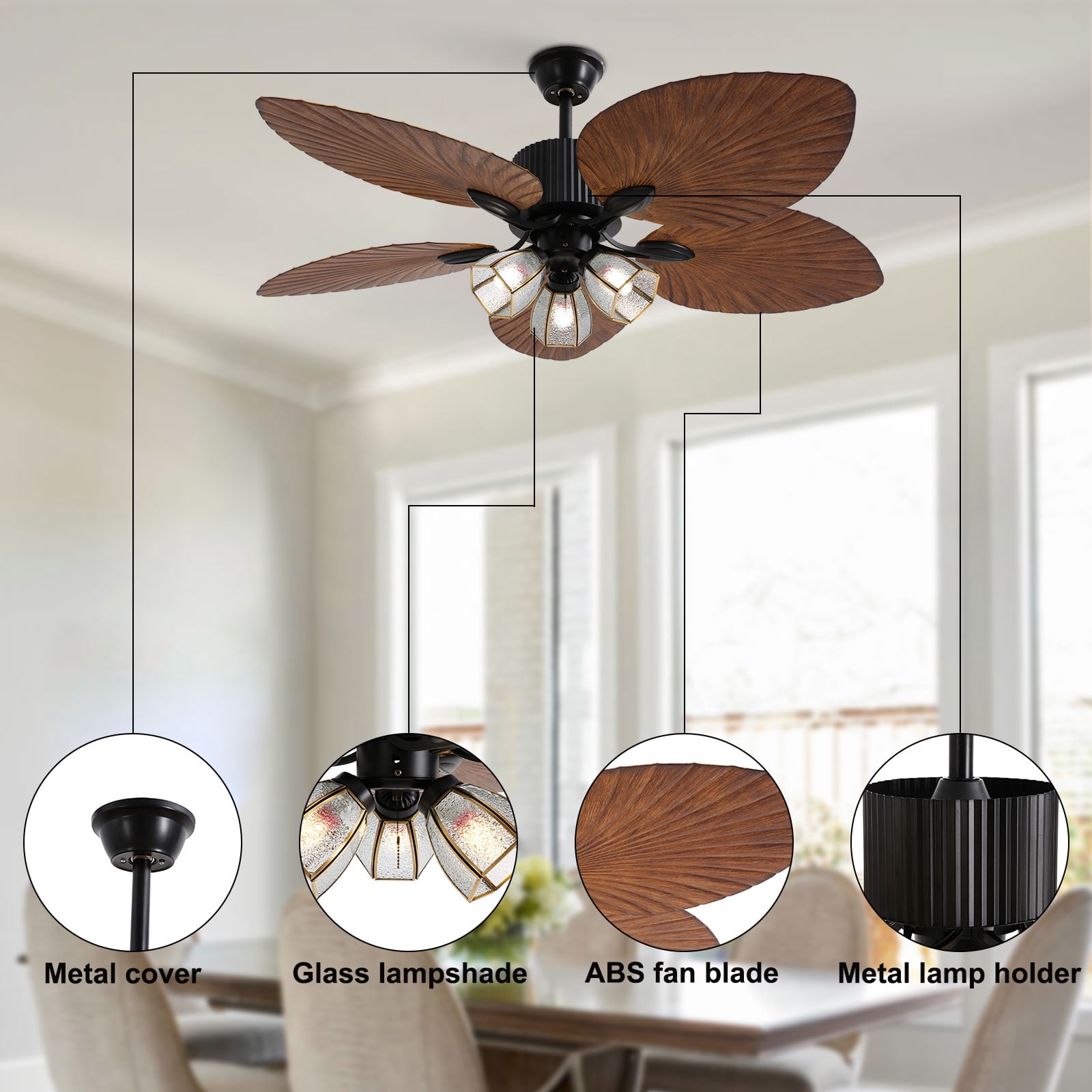 Black ABS 52-Inch Fan Chandelier Remote Control Positive And Negative Three-Burner Black Leaf Fan Ceiling Lamp