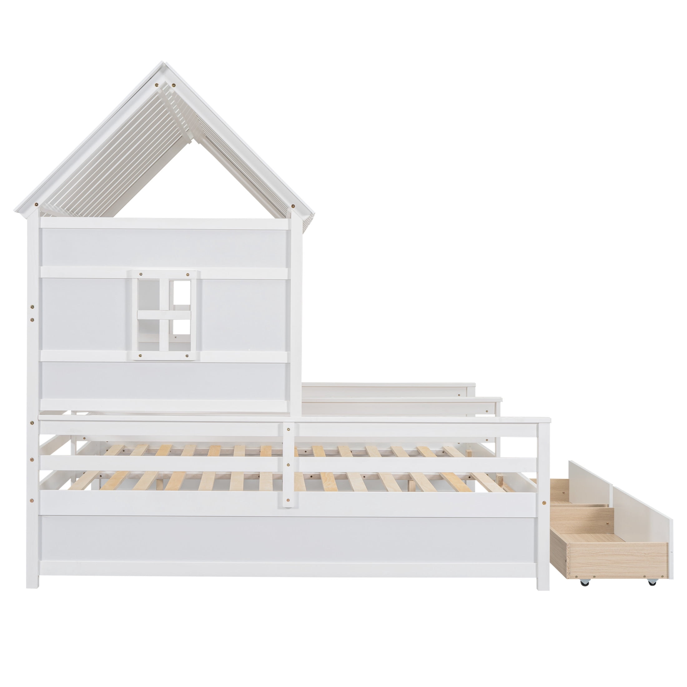 Noble House Junton Dual Twin Size House Platform Bed for Shared Rooms, 2 Side-by-Side Beds with Drawers, White
