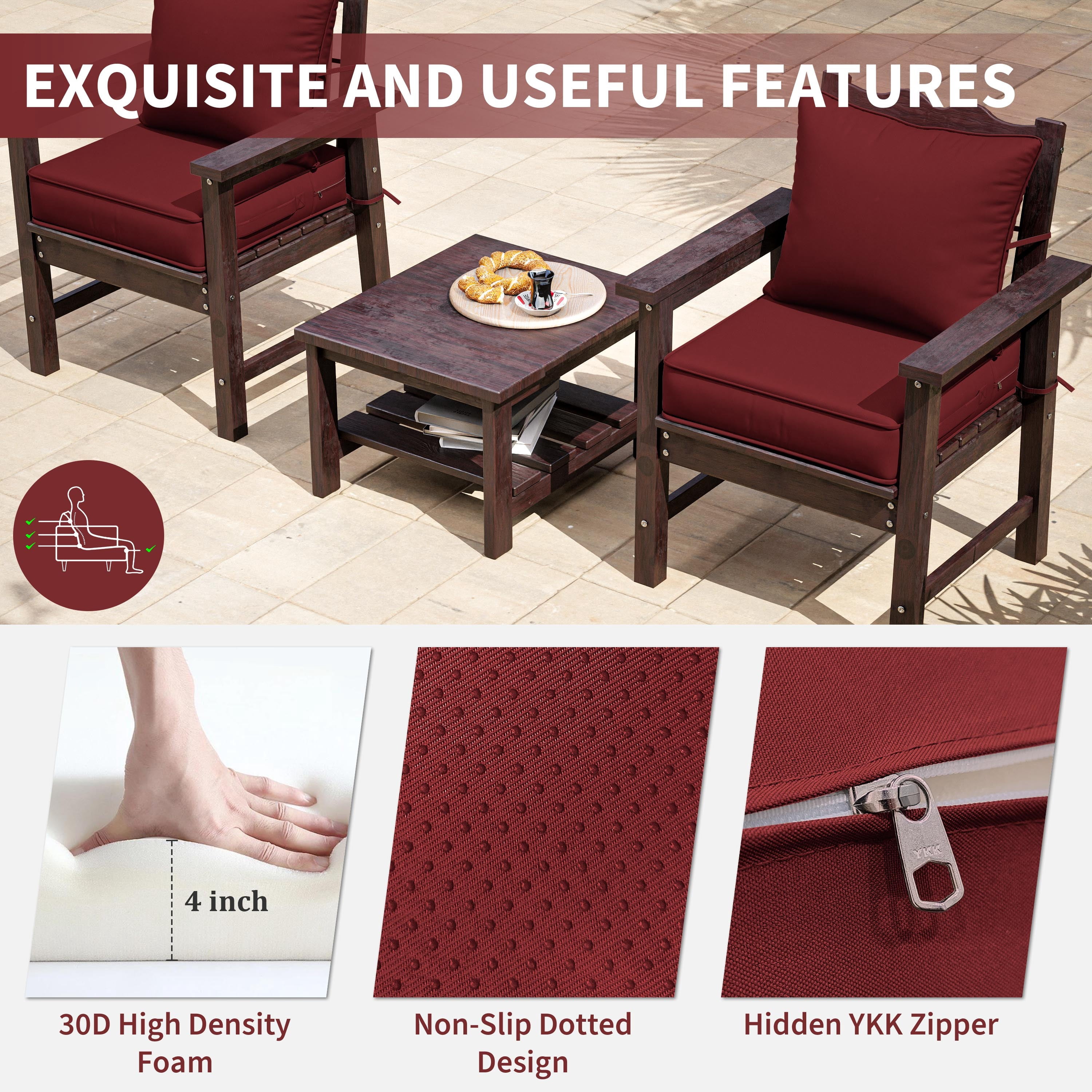 Kimunuk Outdoor Seat Cushion Set, 22" X 24" X 4" Water-Resistant & Fade-Resistant Patio Furniture Replacement Cushions with Handle and Straps for Sofa Chair, Burgundy