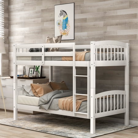 White Twin Over Twin Bunk Bed with Ladder