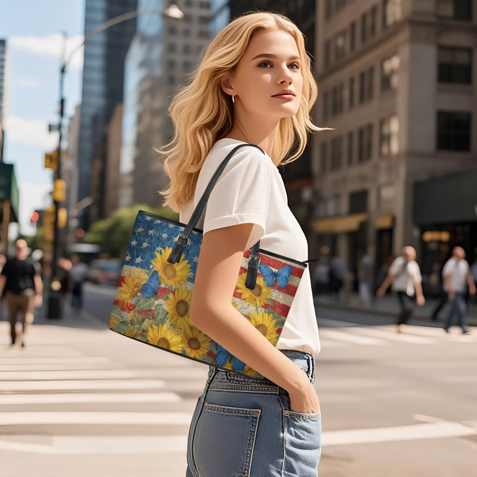 TSOVTHRID Handbag and Wallet Set for Womens Tote Bag with Matching Wristlet Wallet Pu Leather Top Handle Handbag Satchel Purse for Shopping Walking, American Flag Sunflower Butterfly Print