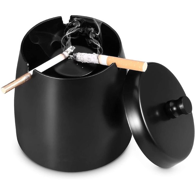 CHAO Cenicero Pearl Rare para Exteriores con Tapa Cenicero Grande de Acero Inoxidable con diseño Windsubber para Cenicero de Mesa para Exteriores e Interiores con pequeño Negro