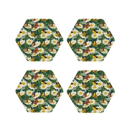 

Fuzoiu Sunflowers And Butterflies Print Leather Coasters Set Drink Coasters Set of 4 for Tabletop Protection Durable PVC Coasters Home Décor and Housewarming Gift-Hexagon
