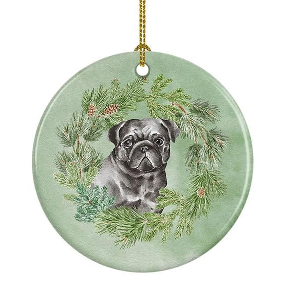 Pug Black Christmas Wreath Ceramic Ornament 2.8 in x 2.8 in
