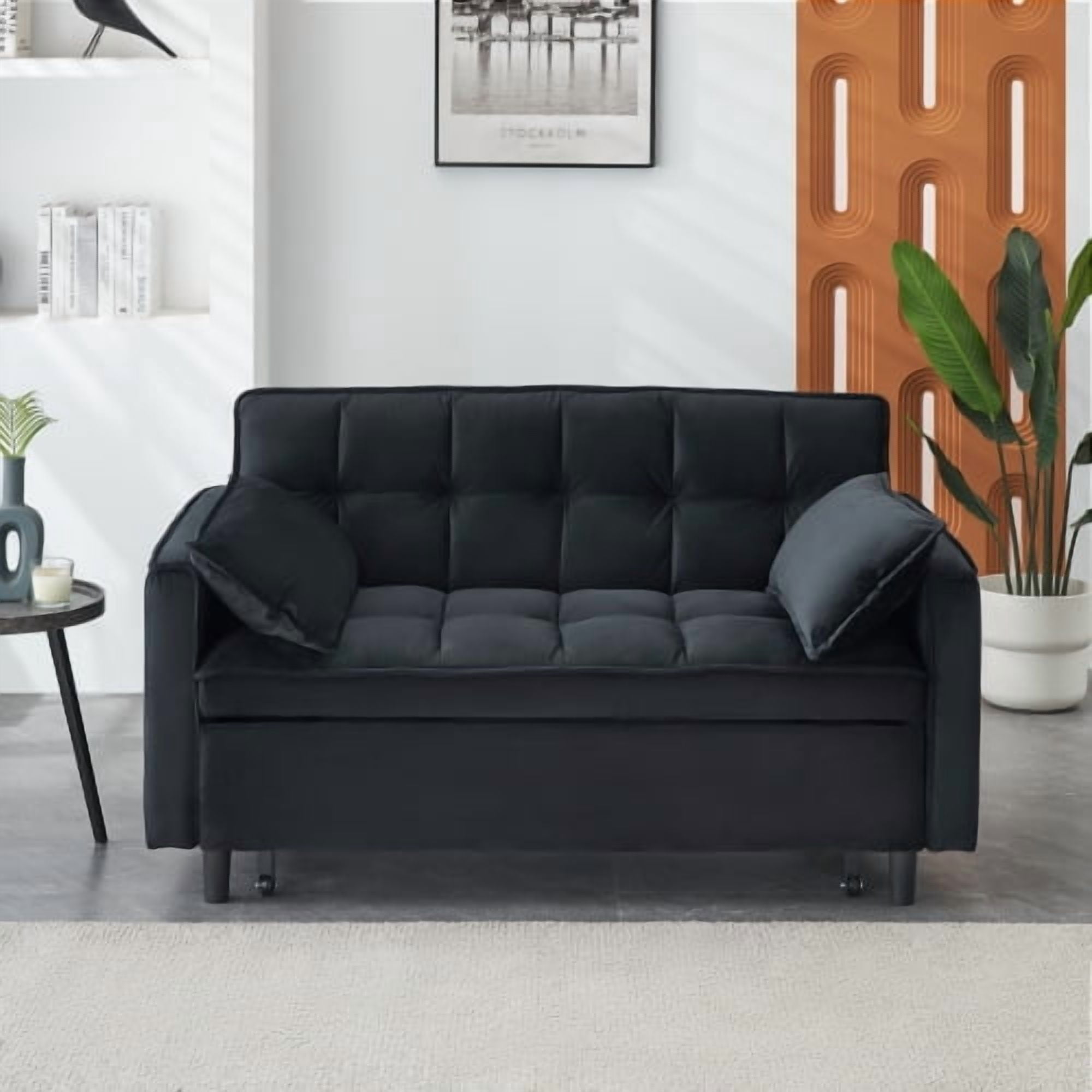 Cozynest 55 Inch Convertible Velvet Sofa Bed 2 Seat Loveseat with Side Pockets for Small Spaces Living Room Bedroom Apartment Guest Room