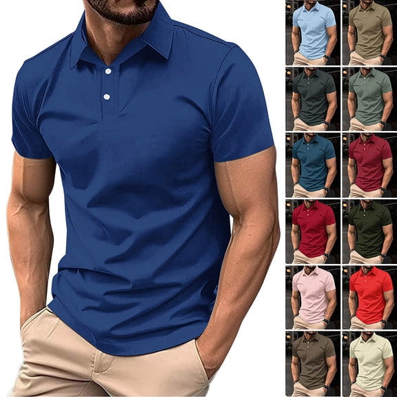 DailkTrvid Men's Short Sleeve Tops Plus Size T-Shirt Casual Fashion Solid Color Pullover Loose Fit Tees Turn Down Collar Buttons Blouse