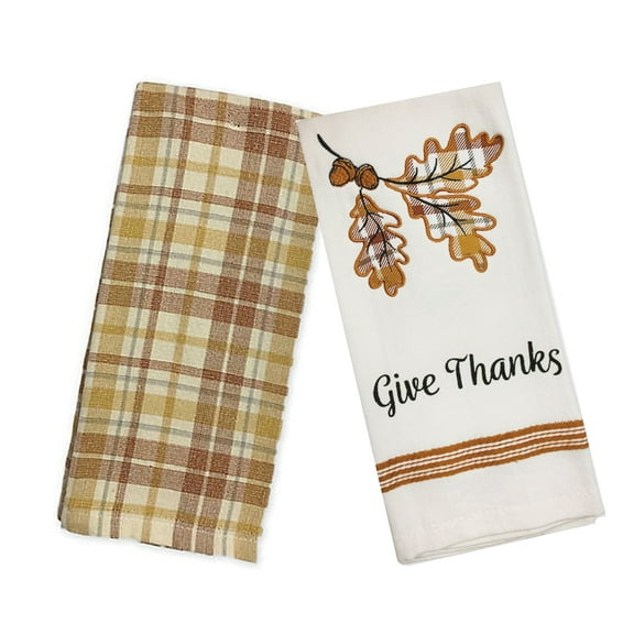 Mainstream Give Thanks Kitchen Towels 2-Pack, Absorbent Cotton for Cleaning and Drying,  Autumn Leaves, 16 x 26 inches