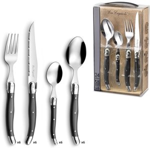 Lou Laguiole Tradition Stainless Steel & Polypropylene - Vintage Silverware Flatware Utensils Set - Anthracite Grey 24-Piece - Silverware Set