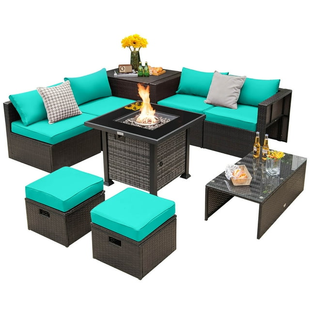 Gymax 9 Pieces Furniture Set w/ 50,000 BTU Propane Fire Pit Table Patio Turquoise