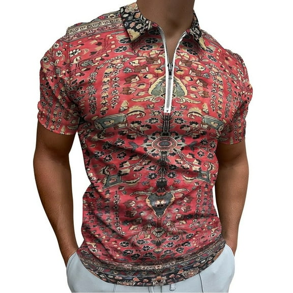 Antique Persian Red Rug Men Zipper T-shirt Summer Casual Short Sleeve T-shirt Top