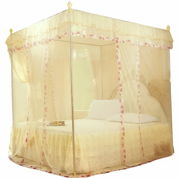 AUQ Luxury Princess Netting, 3 Side Openings Post Bed Curtain Canopy Netting Net Bedding Pink/Yellow