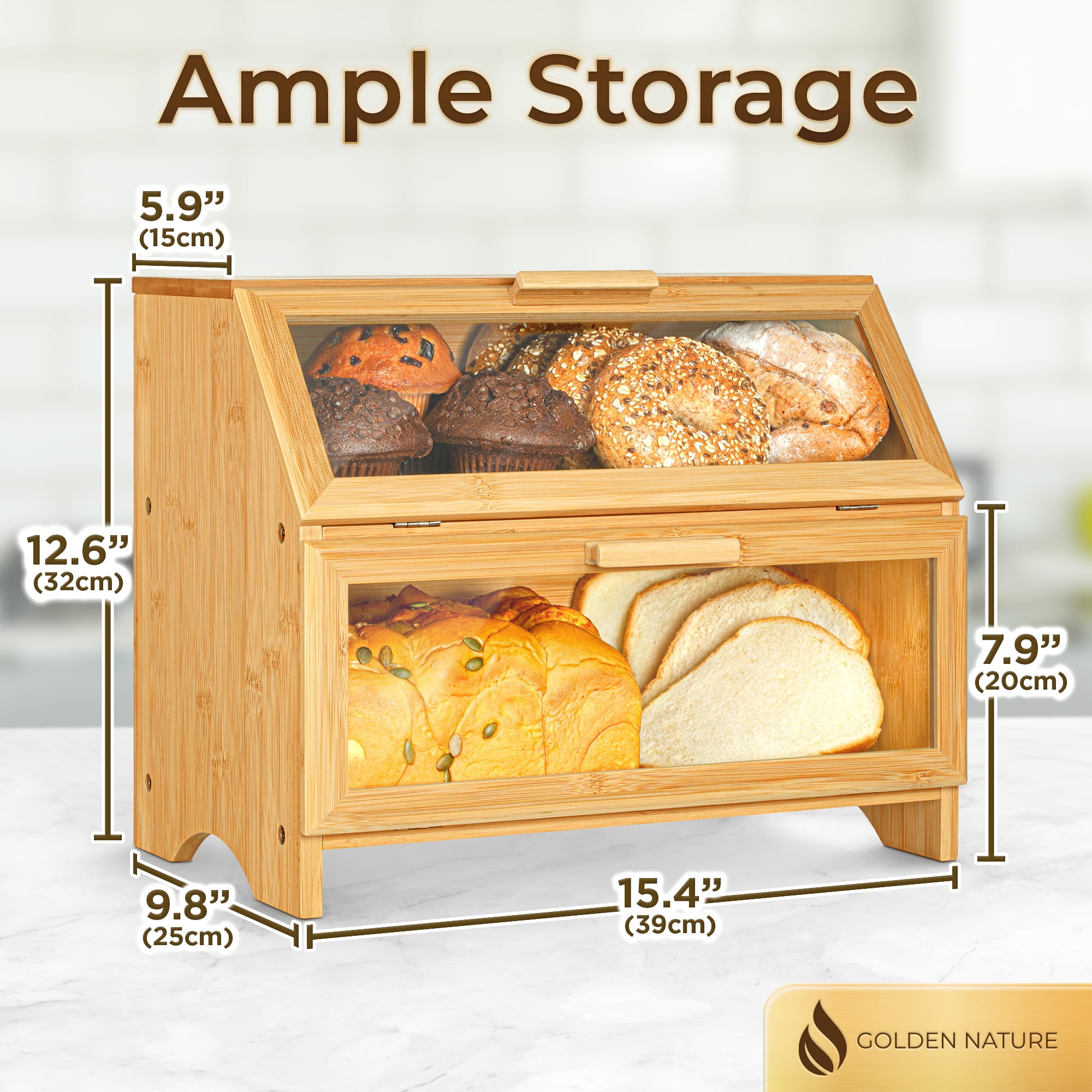 Golden Nature Double Layer Bamboo Bread Box Large Storage for