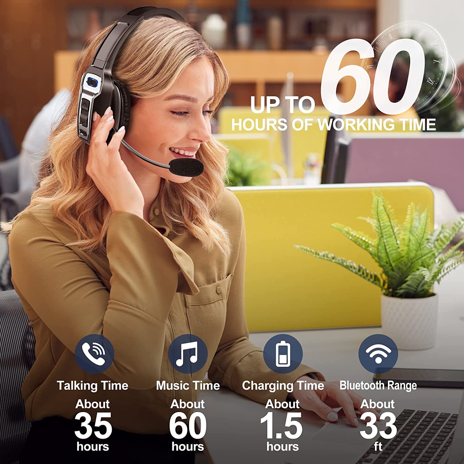 MyBat Pro Bluetooth Headset with Microphone & Noise Cancelling Wireless Headphones for Home Office Remote Work