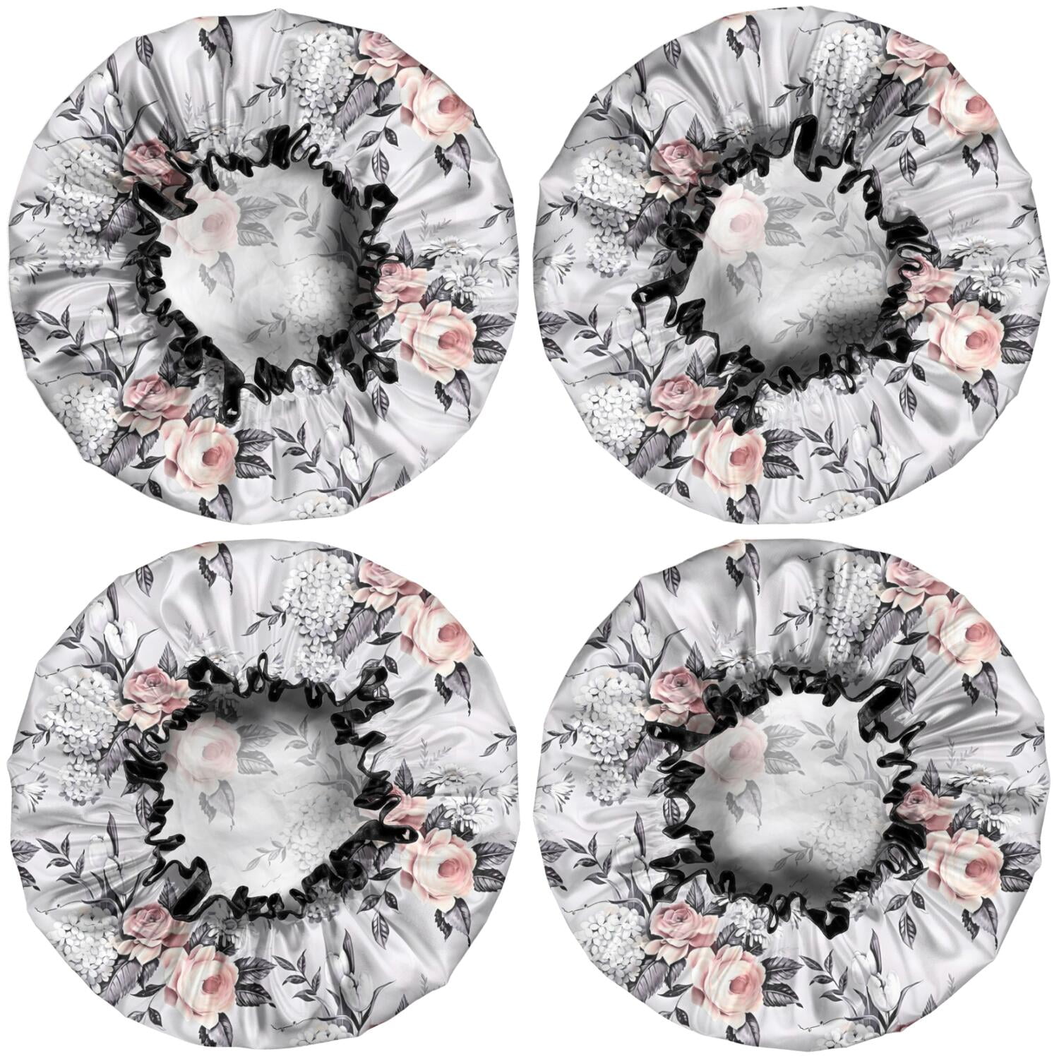 Shower Caps,Pioneer Flower Floral Print Pattern Waterproof Shower Cap for Women 4 Pieces,Double Reusable Hair Cover for Shower PEVA Elastic Stretch Hem
