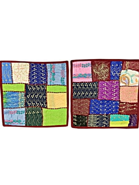 Mogul India Decor Toss Pillow Shams 2 Vintage Patchwork Sari Cushion Covers 16x16