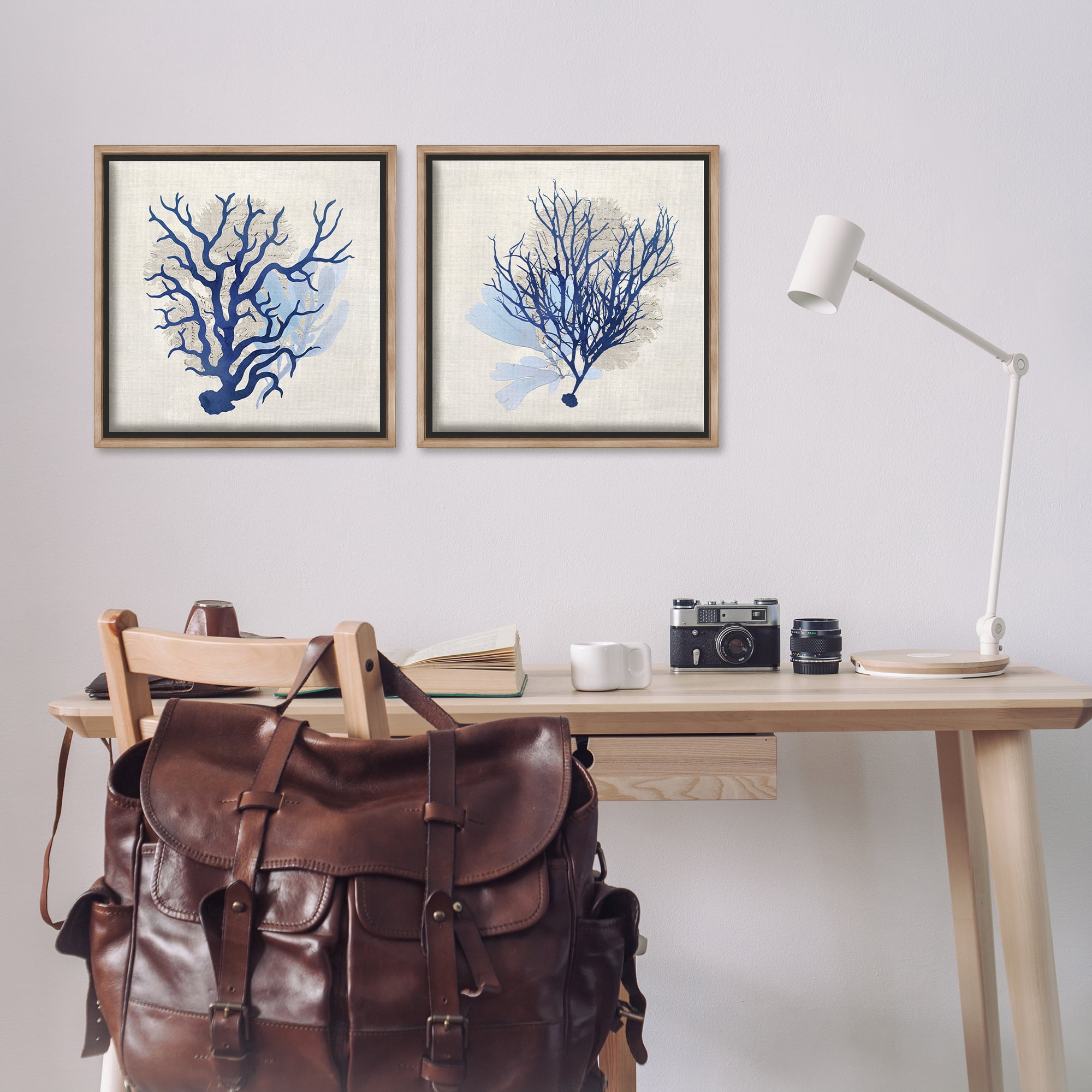 Stupell Industries Blue Coral Branches Nautical & Beach Painting Brown Floater Framed Canvas Art Print Wall Art, 18 x 18, Set of 2