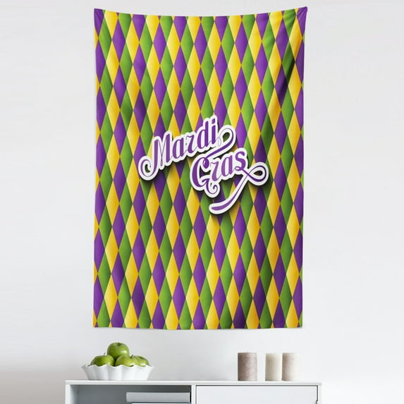 Mardi Gras Tapestry, Hand Writing Calligraphy Design on Diamond Line Pattern Iconic Colors, Fabric Wall Hanging Decor for Bedroom Living Room Dorm, 5 Sizes, Purple Green Yellow, by Ambesonne