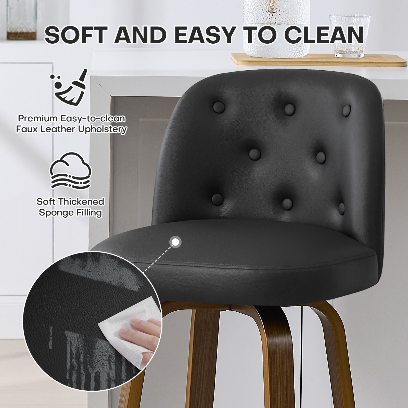 Foreate Swivel PU Bar Stools Set of 2, 26" Uholstered Leather with Button-tufted Mid-Back & Wood Legs, Modern Chair Kitchen Pub Island Counter Stool