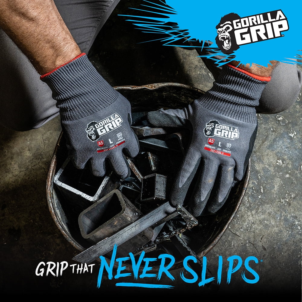 Gorilla Grip Work Glove, ANSI A5 Cut Resistant Nitrile Coated Men's Gloves, Superior Grip in Wet Conditions, Touchscreen, Gray, Large, 1 Pair