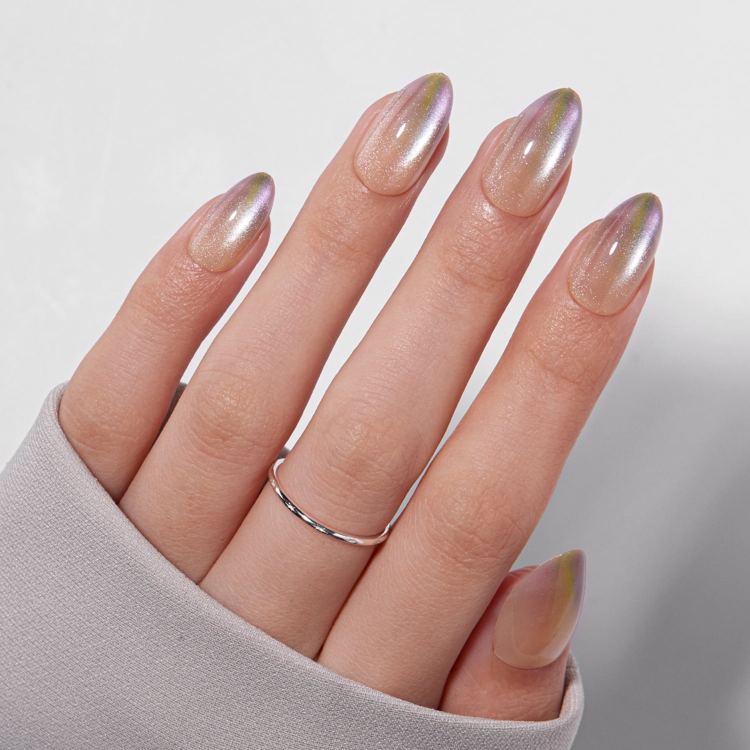 VSALON Press On Nails Short Almond, 32 Pcs 16 Sizes Cat Eye Press On Nails Purple Green Ombre Sparkly Shimmer Soft Gel Fake Nails With UV Glue Reusable Stick On Nails Fall Wedding Gifts For Women