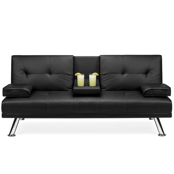 Best Choice Products Modern Faux Leather Convertible Futon Sofa W Removable Armrests Metal Legs 2 Cupholders Black Walmart Com Walmart Com