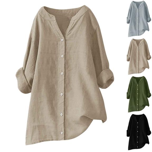 Tumotour Plus Size Button Down Shirts for Women's V-Neck Long Sleeve Linen Shirts Fall Tunic Tops to Wear with Leggings