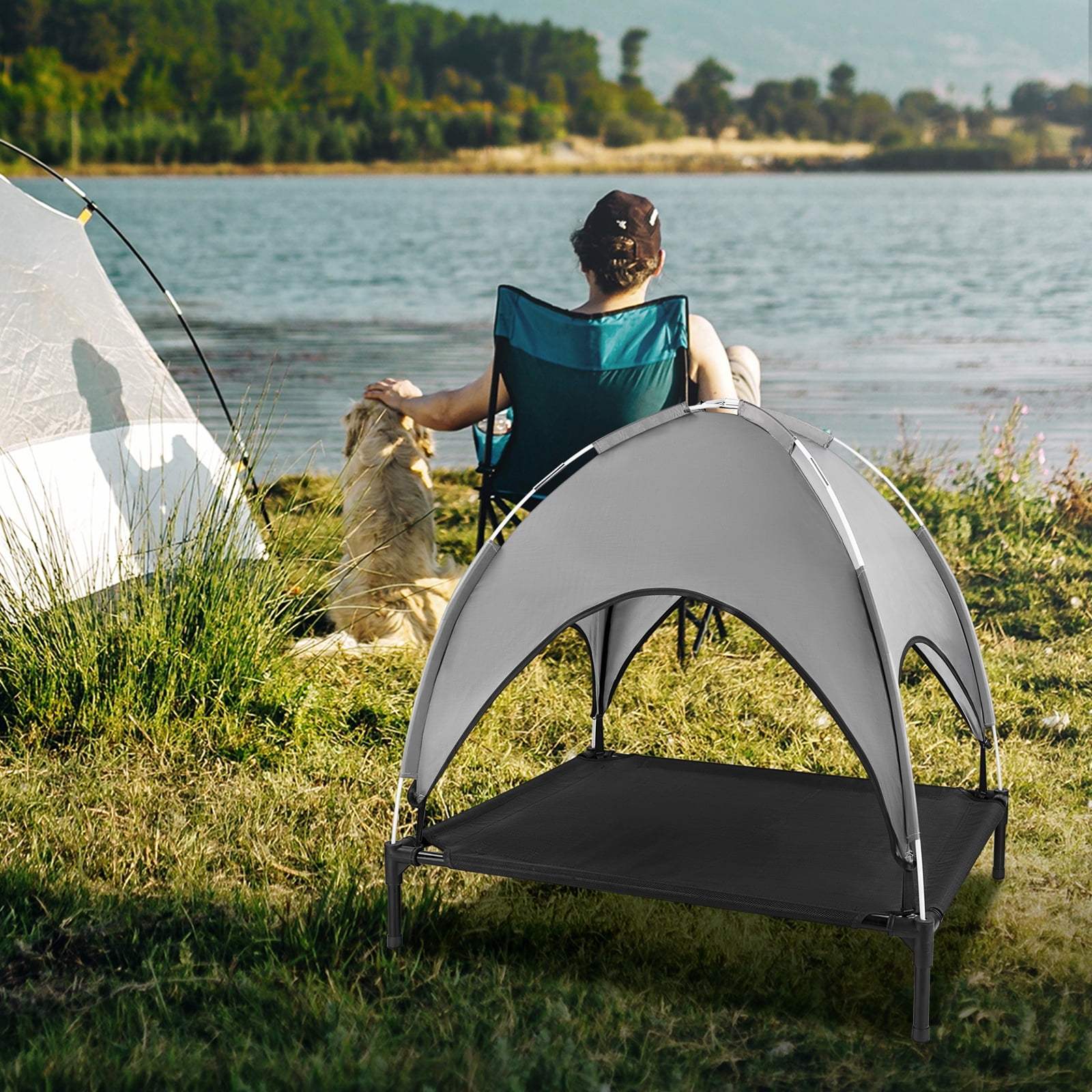 Elevated Dog Bed for Dogs, Outdoor Cooling Raised Pet Cot with Removable Canopy Portable Dog Shade Tent for Indoor & Outdoor Use, Grey
