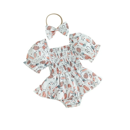 

Suealasg 2pcs Infant Girl Easter Clothes Sets 3M 6M 9M 12M Baby Girls Summer Easter Party Romper Dress Short Sleeve Off-shoulder Rabbit Print Ruffle Bodysuit+Headband