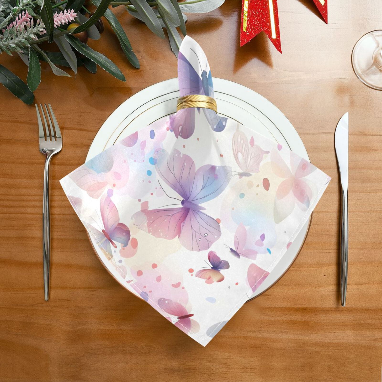 JSTEL Pink & Blue Butterfly Cloth Napkins Set of 6, 20x20 Inch Washable and Reusable Napkin for Decoupage Dinner Party Everyday Use